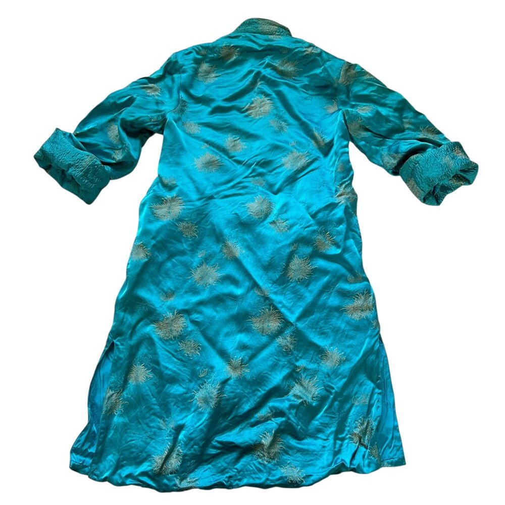 Traditional Chinese smoking jacket blue silky chrysanthemum floral design Small - Picture 2 of 11